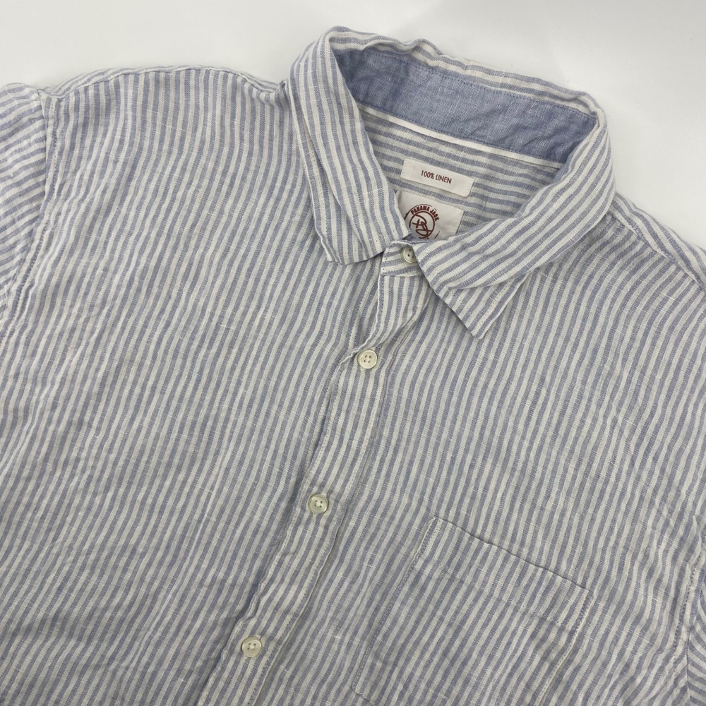 Panama Jack Button‎ Down Mens XL Blue Striped 100% Linen Short Sleeve Shirt